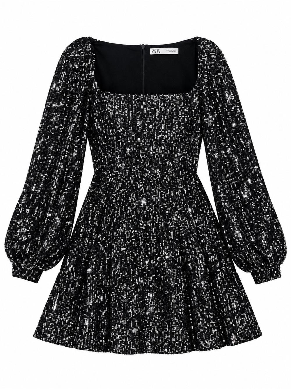 Zara Black Sequin Long-Sleeve Square Neck Mini Dress